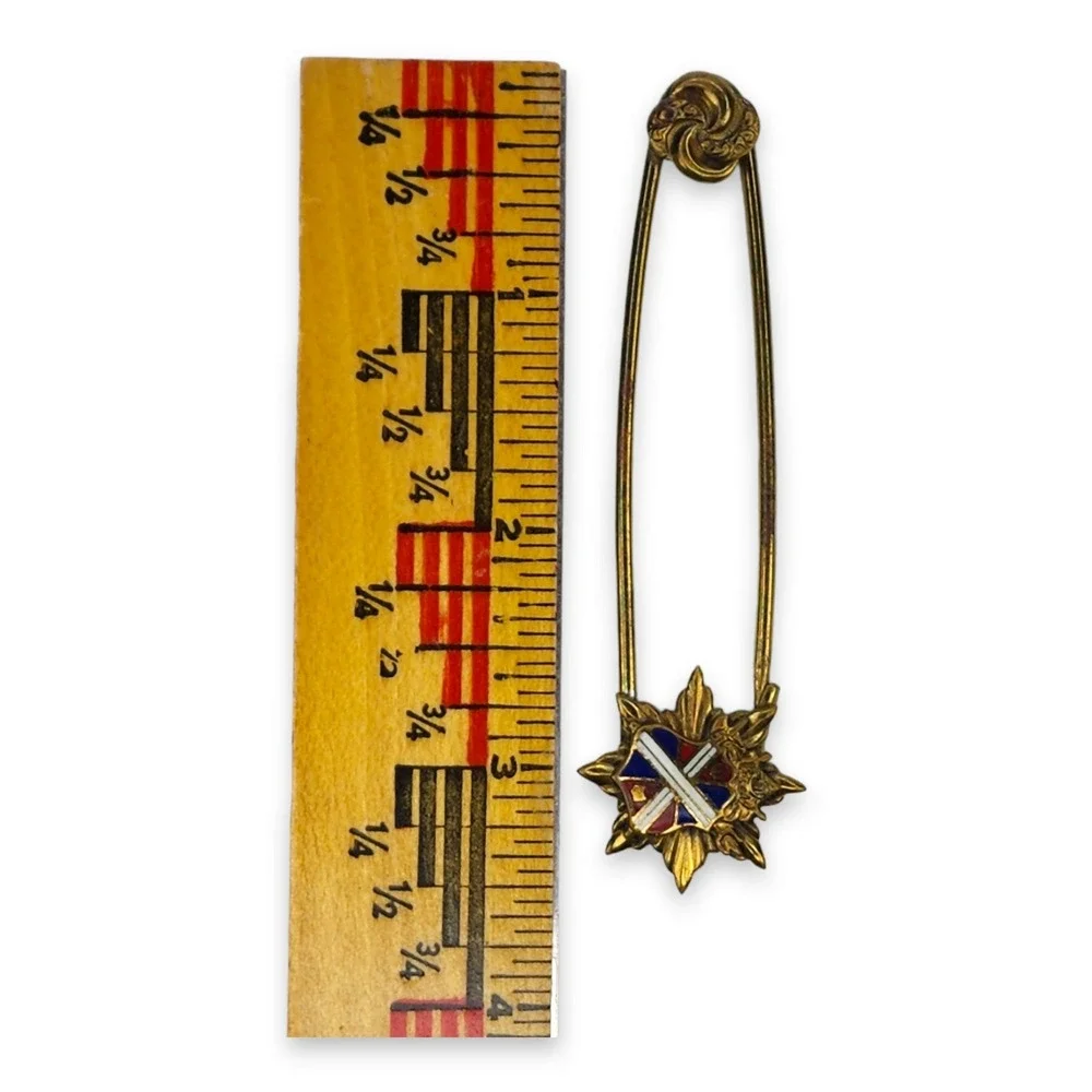 Vintage Gold Tone Kilt Pin Large Safety Pin with Red Blue Coat of Arms